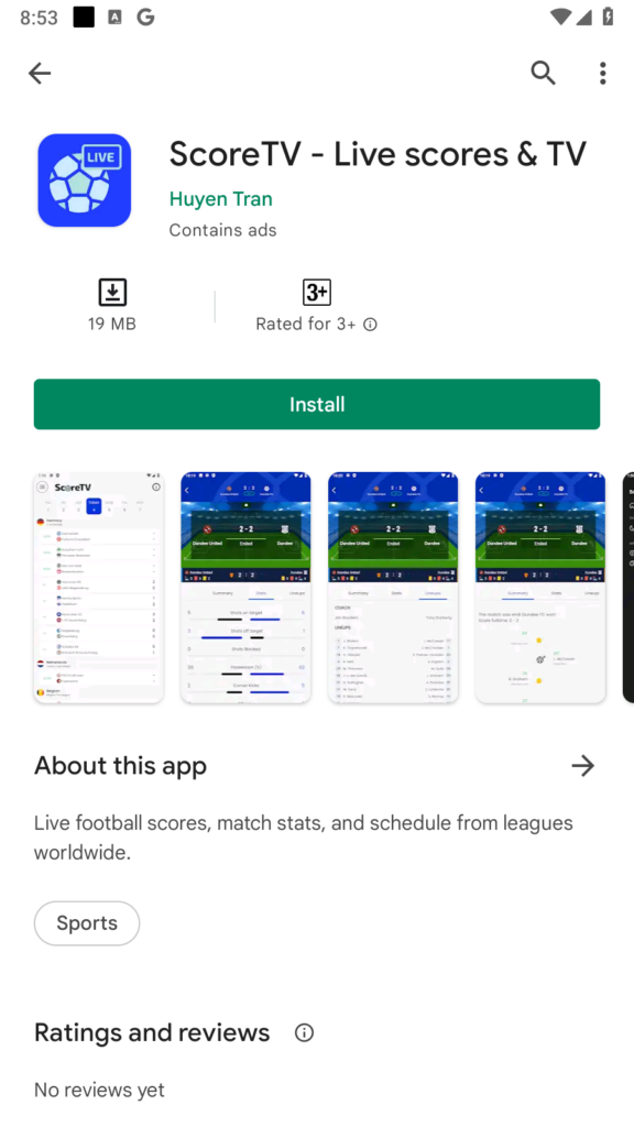 Cài đặt xem trực tiếp bóng đá score tv trên điện thoại android từ Play Store